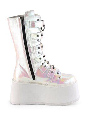 Pearl Iridescent Vegan Leather Mid-Calf Boots with 6 Cone-Studded Buckle Straps